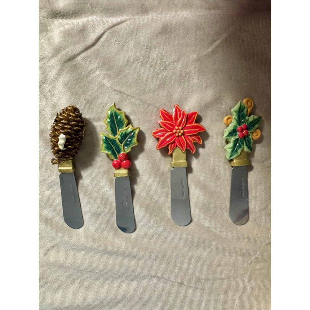 Vintage Christmas themed butter, cheese, jam spreaders Holly poinsettia pine